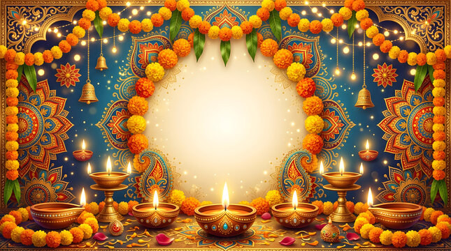 Diwali Festival Celebration with Oil Lamps and Marigold Garlands 1.
