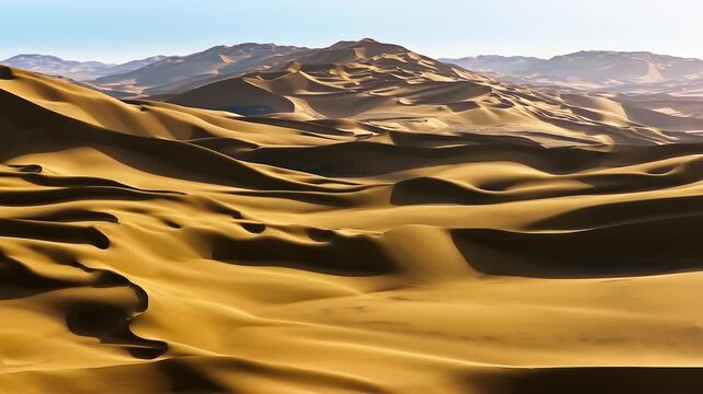 Aerial view of golden sand dunes stretching across the vast Xinjiang desert under bright sunlight.