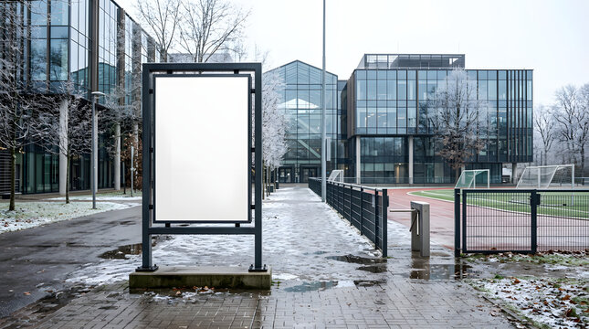 Blank vertical billboard mockup outside modern glass office building in winter