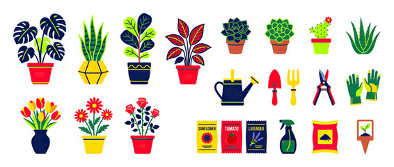 Fototapeta premium Collection of potted plants and gardening tools