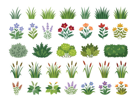 Comprehensive collection of grass bushes and garden flowers icons.