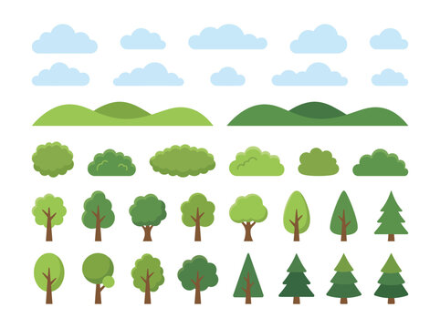 Natural landscape elements including clouds mountains and trees.