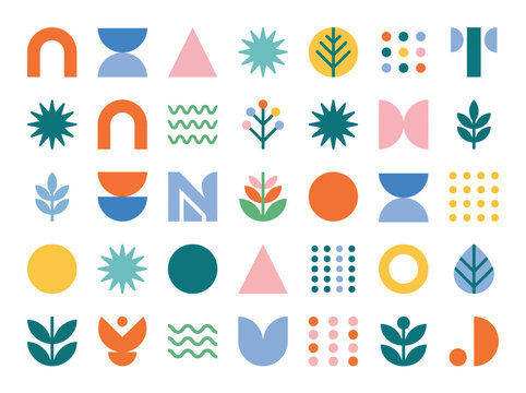 Set of modern abstract geometric shapes and floral patterns in flat colorful style.