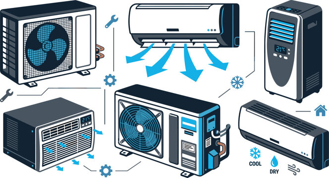 Air Conditioning and HVAC System Vector Illustration Set with Cooling Units Compressors and Maintenance Symbols for Climate Control Engineering Services
