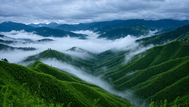 Sea of white clouds and fog rolling over green mountain slopes on a cloudy day