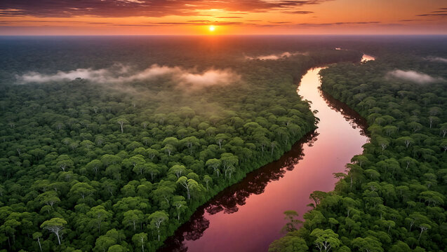 Aerial view of a winding river flowing through a dense green tropical rainforest at sunset