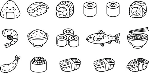 Japanese food icons set containing sushi rolls nigiri maki ramen noodles onigiri shrimp rice and fish vector © MD