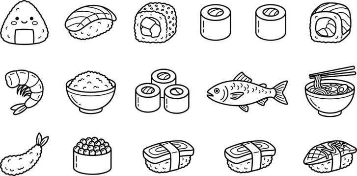 Japanese food icons set containing sushi rolls nigiri maki ramen noodles onigiri shrimp rice and fish vector