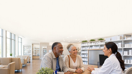 Fototapeta premium Smiling senior couple speaking with a female pharmacist at the counter in a bright, modern pharmacy with ample copy space.