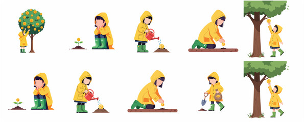 Fototapeta premium Set of flat vector illustrations depicting financial growth and investment concept with a little girl planting and harvesting gold coins.