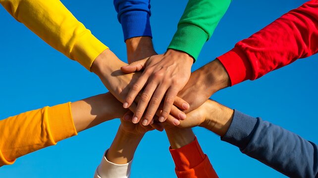 Diverse team stacking hands together to represent unity teamwork and collaboration