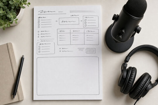 Top view of a creative podcast planning desk with wireframe sketches, microphone, headphones, notebook, pen, and plant in a neutral workspace.