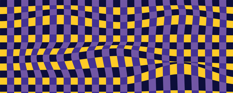 Psychedelic checkered pattern with distorted grid, wavy purple and yellow optical illusion background, trippy geometric vector texture for posters