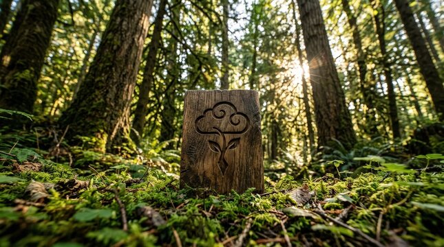 Wooden block carved cloud symbol representing carbon footprint reduction lush green sunlit forest
