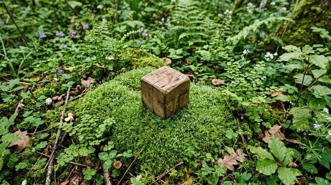 Wooden block green moss symbolising carbon footprint reduction lush forest ecosystem