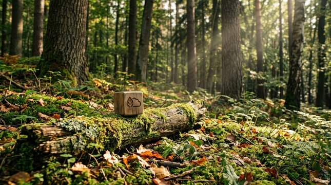 Wooden block leaf cloud icon resting mossy forest log representing carbon footprint reduction strategy