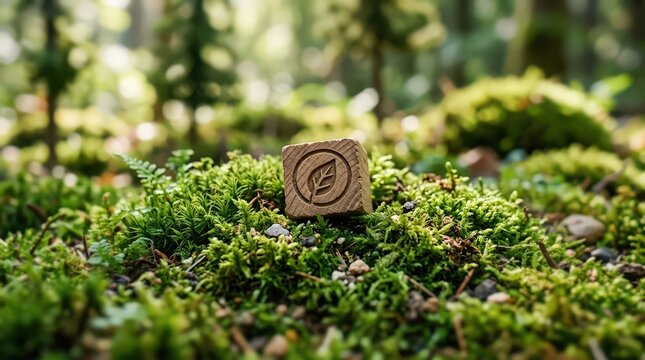 Wooden block leaf symbol mossy forest floor representing carbon footprint reduction sustainability