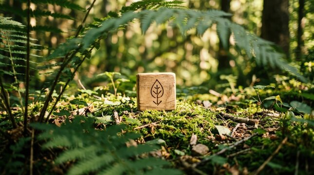 Wooden block leaf symbol representing carbon footprint reduction lush forest