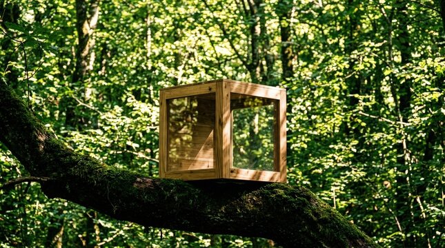 Wooden cube container resting mossy tree branch representing carbon footprint reduction sustainability