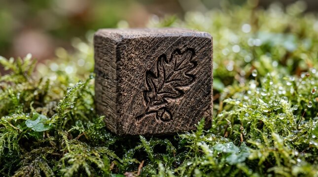 Wooden cube carved leaf emblem resting wet moss symbolising carbon footprint reduction
