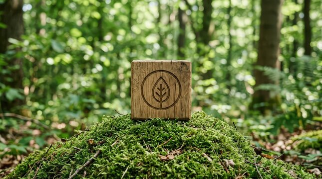 Wooden cube leaf symbol carbon footprint reduction forest concept