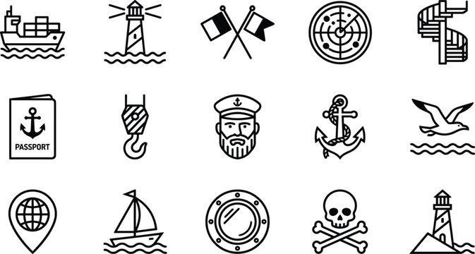 Nautical and maritime line icons set containing ship lighthouse anchor captain passport radar and sailboat vector