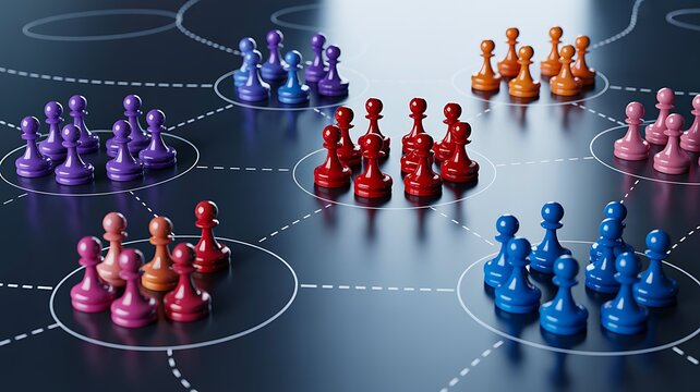 Business strategy concept with colorful chess pieces representing teamwork and leadership