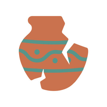 Broken Terracotta Pot with Teal Decorations, Fragmented Ancient Pottery