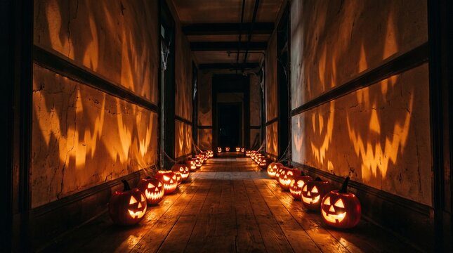 Dark narrow hallway lined with glowing carved pumpkins on wooden floor, casting giant face shadows on cracked walls, Halloween, spooky, orange, glow.