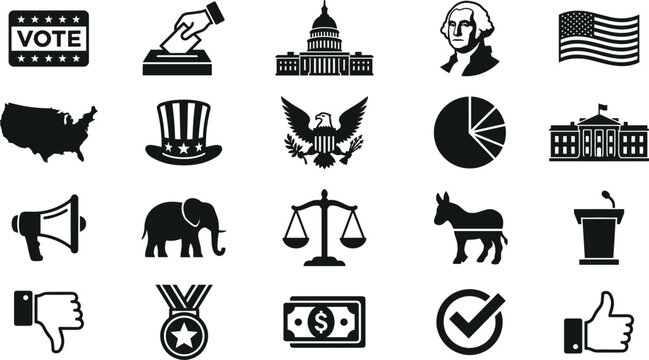 United States politics and government icons set with white house capitol eagle voting ballot and flag vector