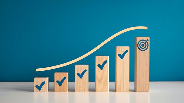 Business growth strategy concept with wooden blocks and upward progress chart
