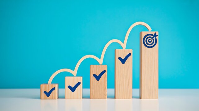 Business growth concept with wooden blocks and target achievement progress chart