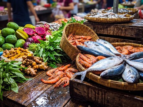 Vibrant macro shot of fresh seafood and tropical produce at a wet market stall
