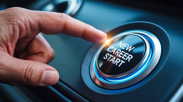 New career start concept with finger pressing illuminated digital button