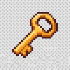 Obraz premium Retro pixel art golden key on transparent background