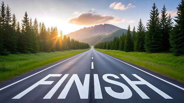 Finish goal concept with open road leading through scenic mountain landscape at sunrise