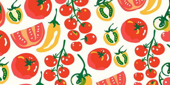 colorful tomato pattern on white background vegetable fruit red yellow green illustration vector