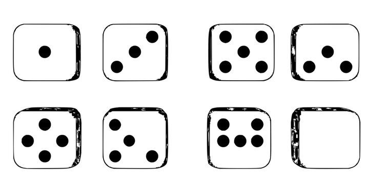 Set of six dice arranged in a 2x3 grid, each displaying different numbers of black dots on a white background. The dice are depicted in a clean, minimalist style with bold black outlines and solid ...