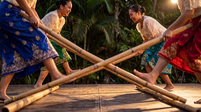 Filipino dancers perform traditional tinikling dance on tropical stage