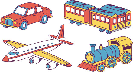 Naklejka premium Set of colorful cartoon toy vehicles including a car, passenger train, airplane, and steam engine on a white background, flat