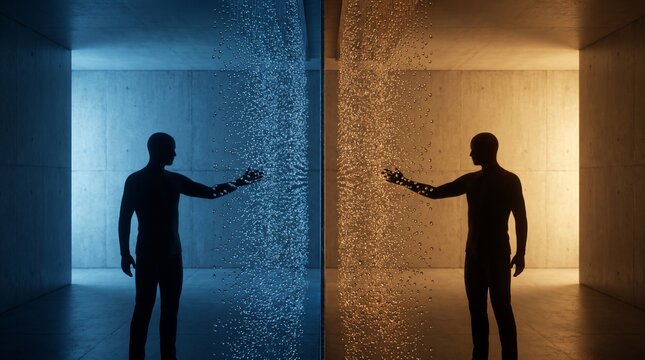 Futuristic Silhouettes Reaching Glowing Particle Curtain Dual Cold and Warm Energy Concept
