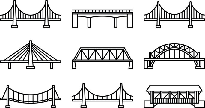Bridge Types Architecture Line Icon Set Featuring Suspension Cable Stayed Truss Arch Beam and Covered Bridge Outline Symbol Vectors