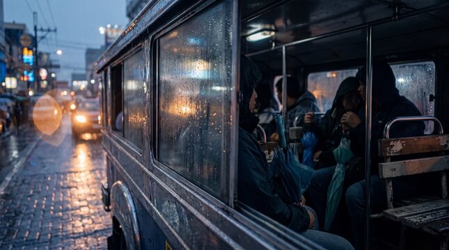 Rainy evening view through a vintage jeepney window in the city.