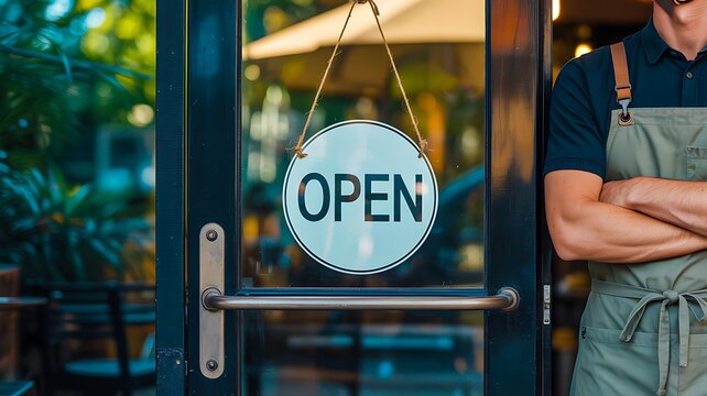 Open store sign on glass door with business owner standing inside shop