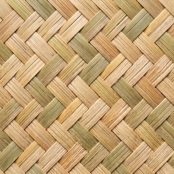 Seamless macro pattern of woven bamboo mat in warm natural beige tones