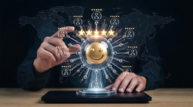 3d robot character holding golden trophy on stage with spotlights and audience