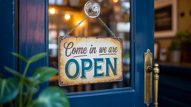Come in we are open sign hanging on shop entrance door