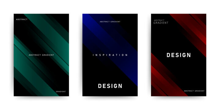 Three abstract gradient posters with diagonal lines in teal, blue, and red on a black background, showcasing modern design and inspiration concepts