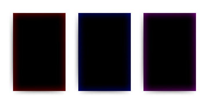 Three Vertical Rectangular Frames with Soft Glowing Colorful Borders on a Plain White Background