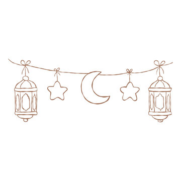 Cute Kurban Bayramı and Eid al-Adha outline vector collection set, Islamic holiday elements line art featuring cute sheep, cow, mosque, quran, lantern, gift boxes, and muslim kids, monochrome coloring